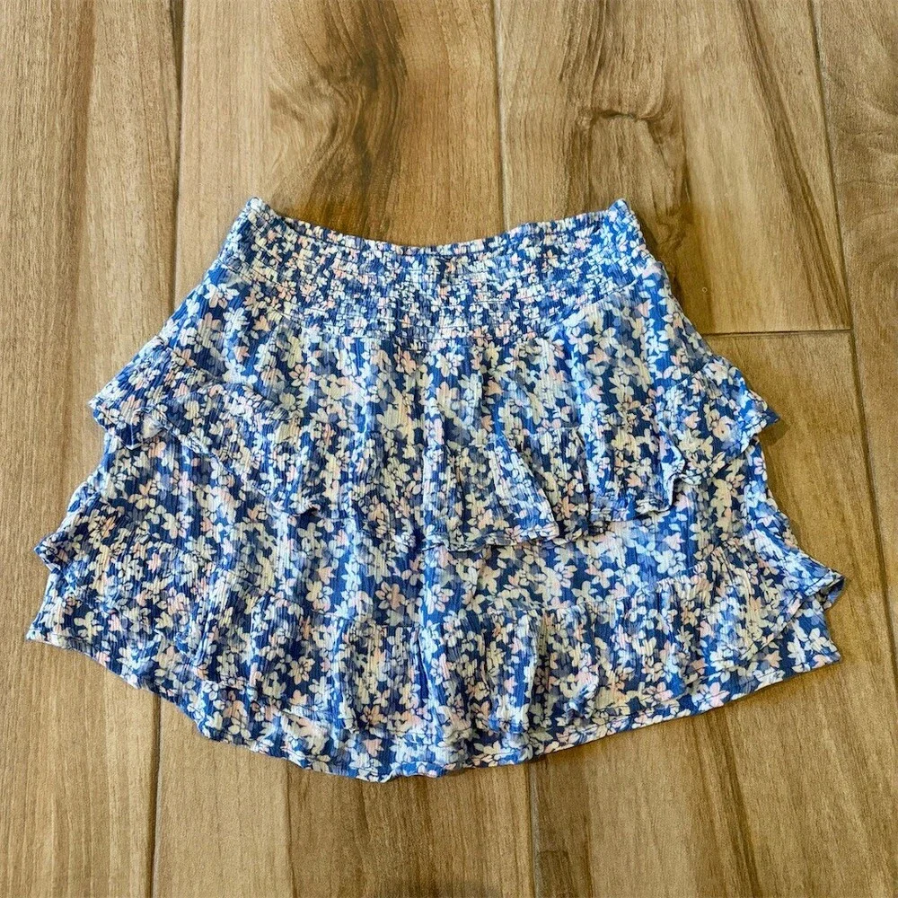 Limited Too Skort Girls L 12/14 Blue Floral Smocked Waist Tiered Ruffle